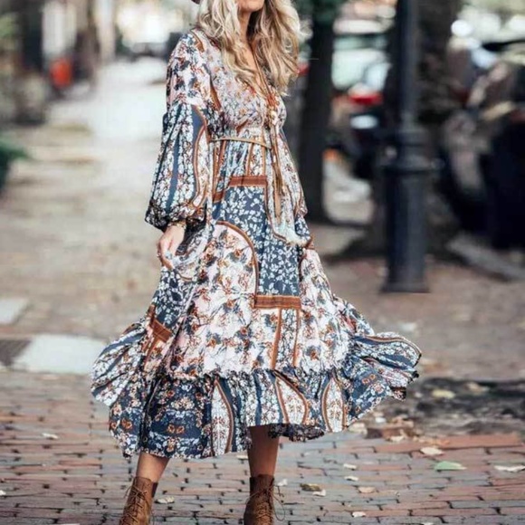 Bohemian Blue Brown Floral Print Midi Dress - Picture 2 of 6